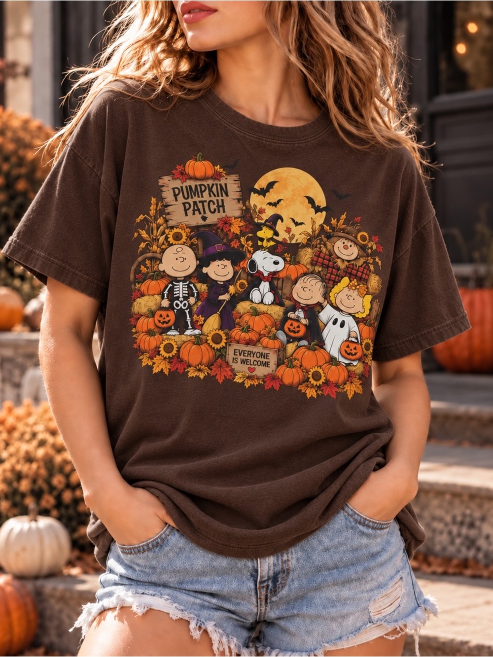 Snoopy Pumpkin Patch Halloween Graphic T-Shirt Brown Unisex